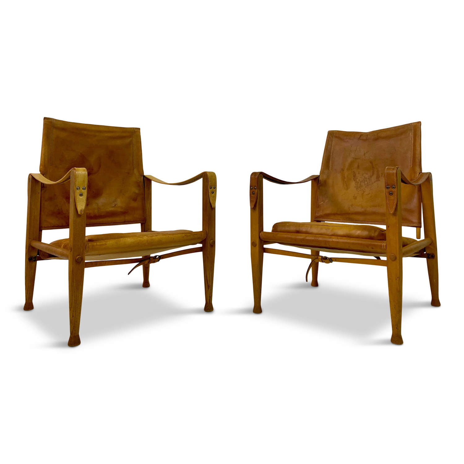Pair of Leather and Ash Safari Chairs by Kaare Klint