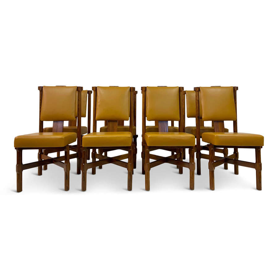 Set of Eight Italian Iroko and Leather Dining Chairs