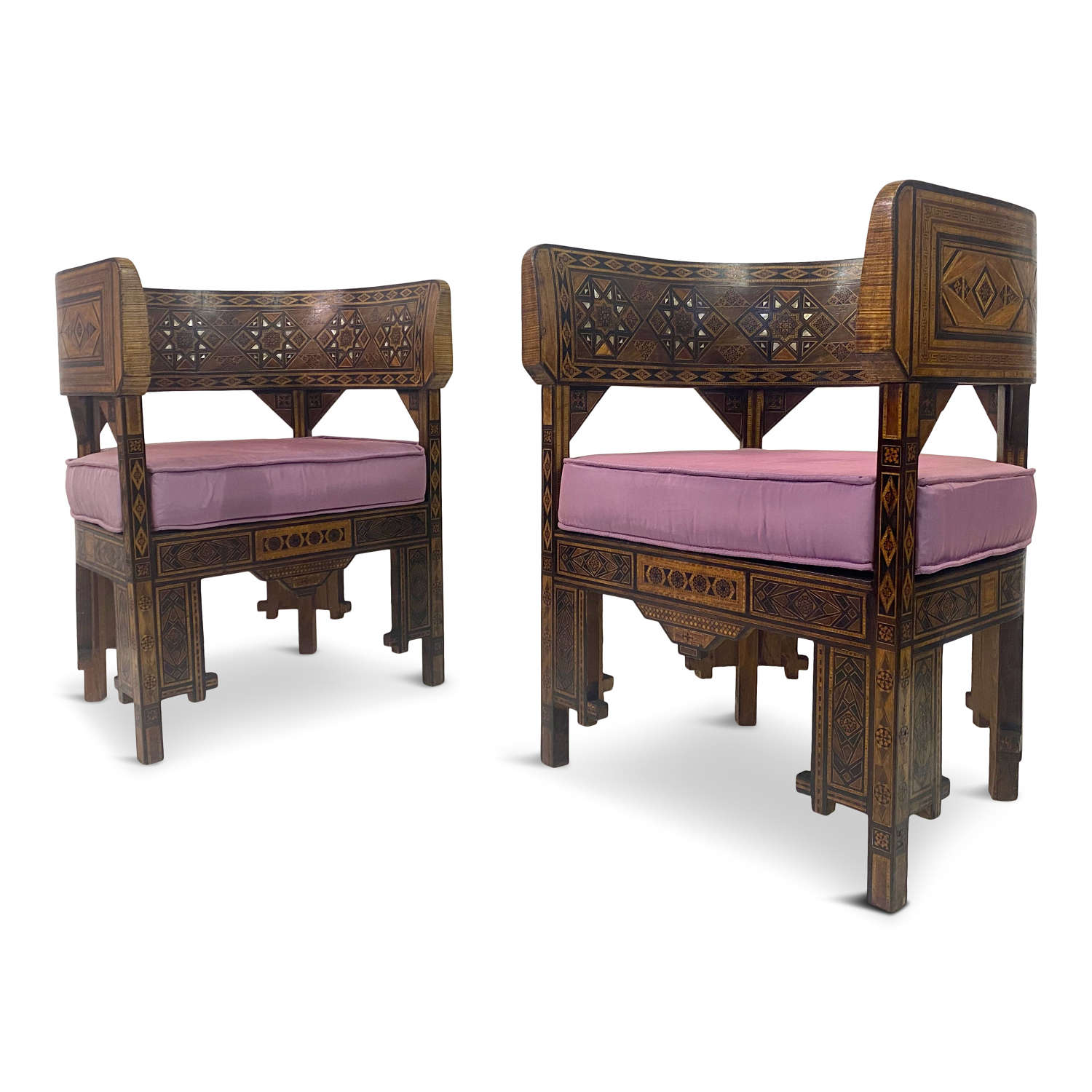 Pair of Syrian Walnut and Parquetry Tub Armchairs