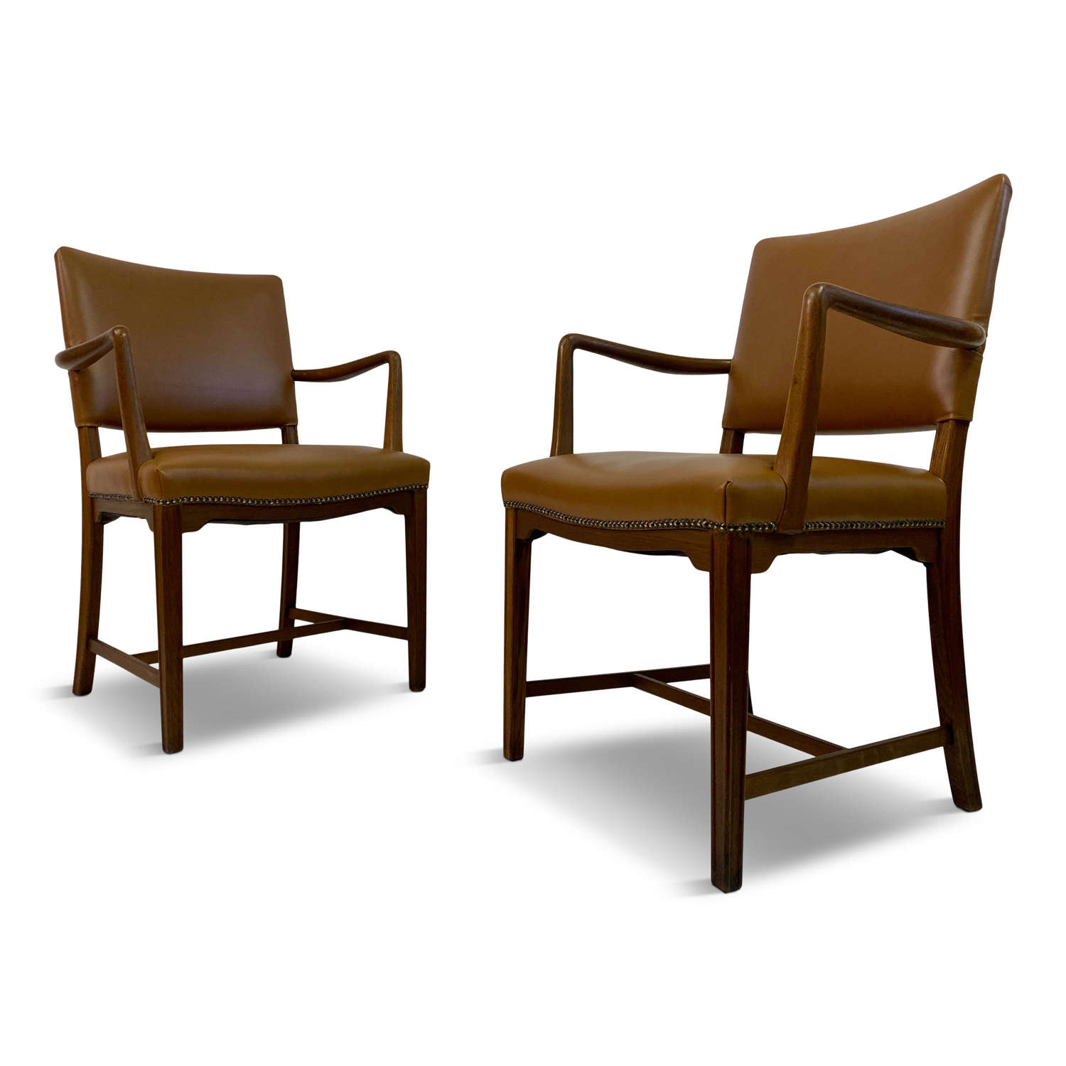 Mid Century Pair of Danish Oak and Leather Armchairs