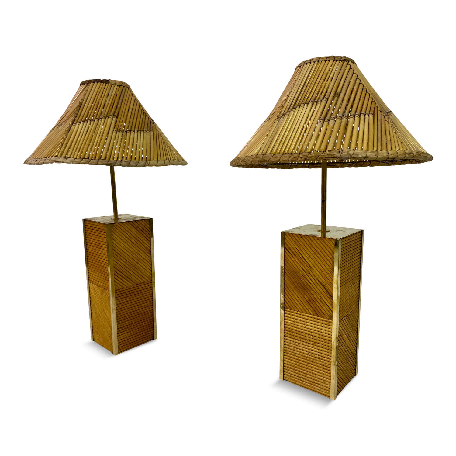 Pair of Italian Reeded Bamboo and Brass Table Lamps