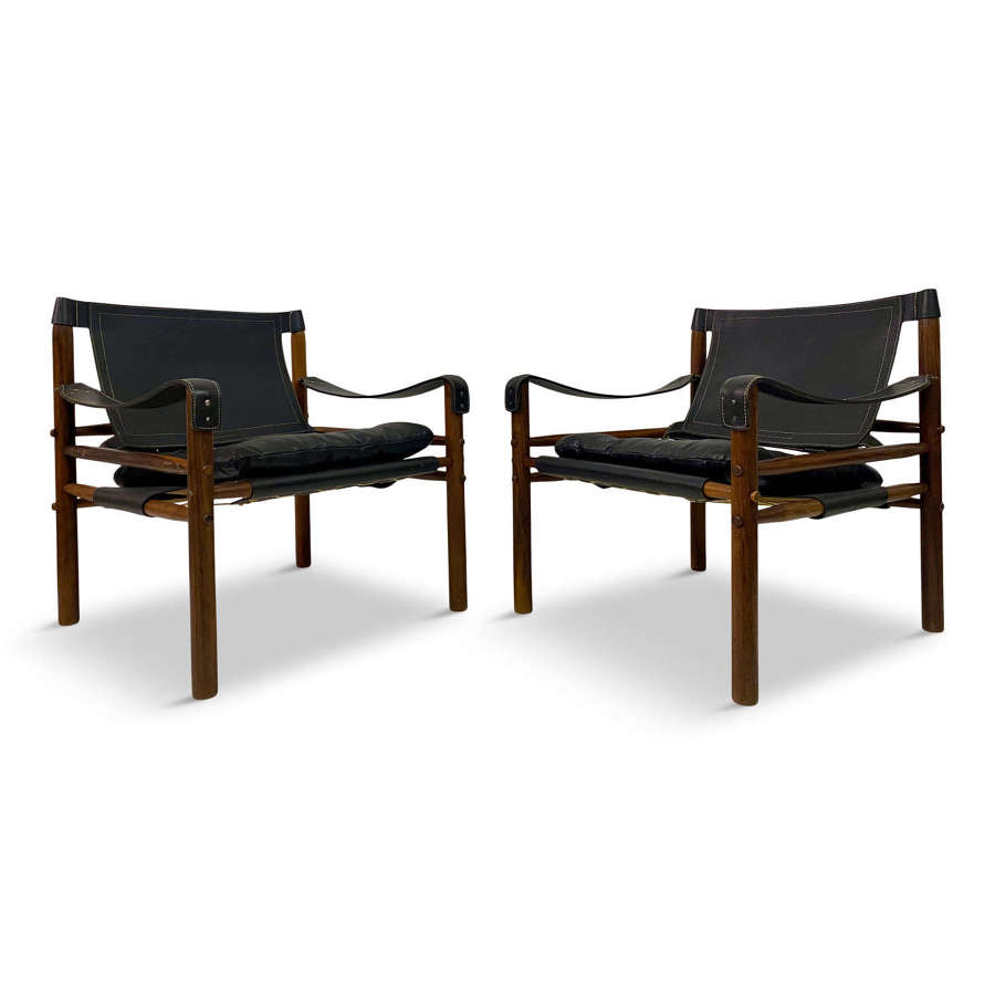 Pair of Leather and Rosewood Sirocco Safari Chairs by Arne Norell