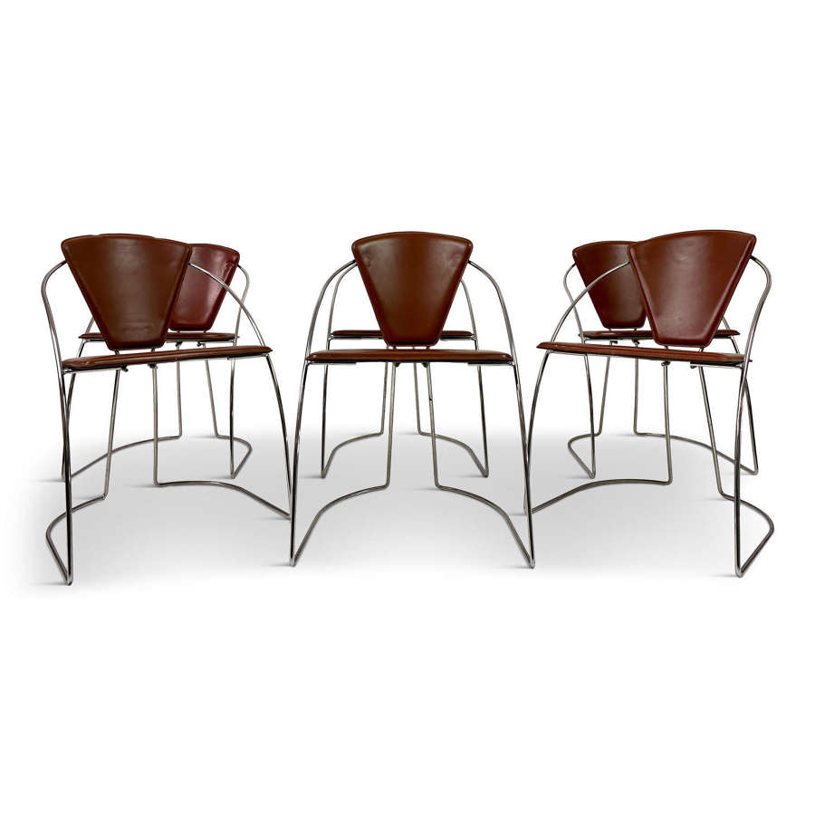 Set of Six Italian Chrome and Leather Dining Chairs