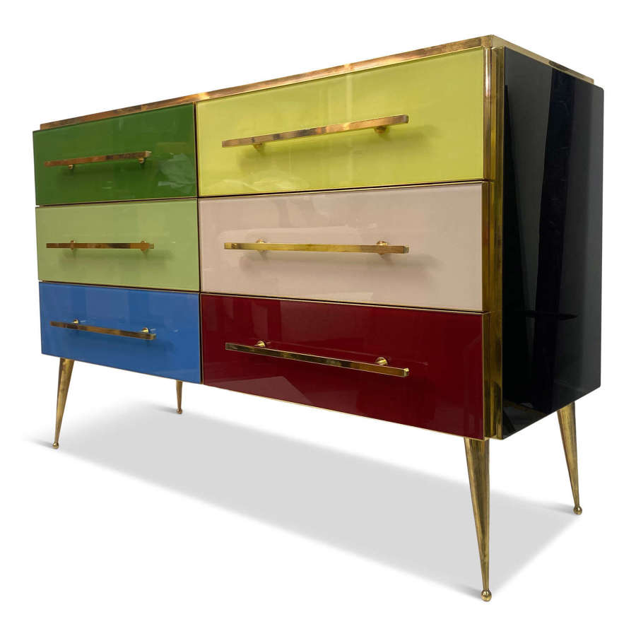 Mid Century Style Italian Coloured Glass and Brass Chest of Drawers
