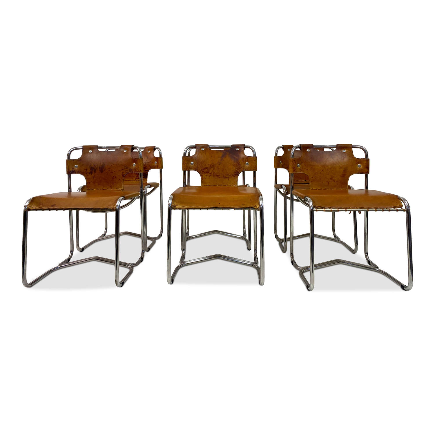 Set of Six Patinated Leather and Chrome Dining Chairs