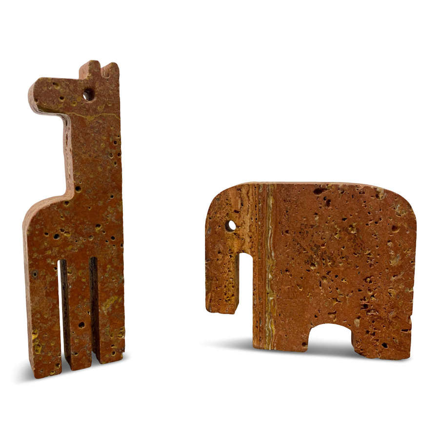 Red Travertine Giraffe and Elephant Bookends by Fratelli Mannelli