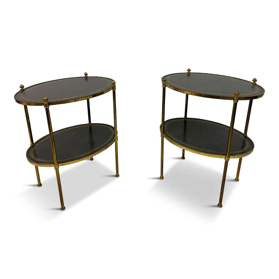 Pair of Mid Century Brass and Leather Etagere End Tables