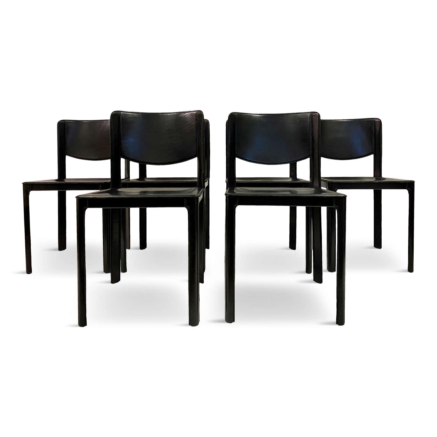 Set of Six Black Leather Dining Chairs By Matteo Grassi