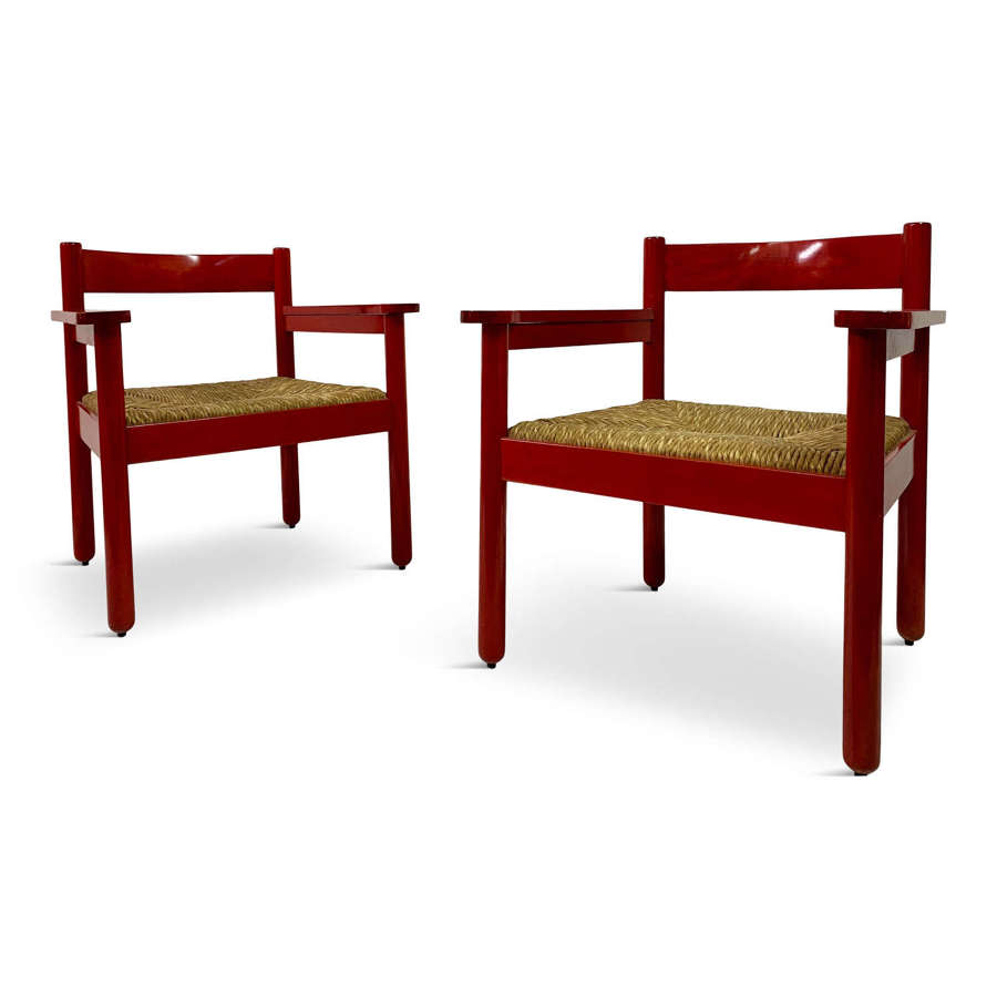 Pair Of Italian Red Armchairs With Rush Seats