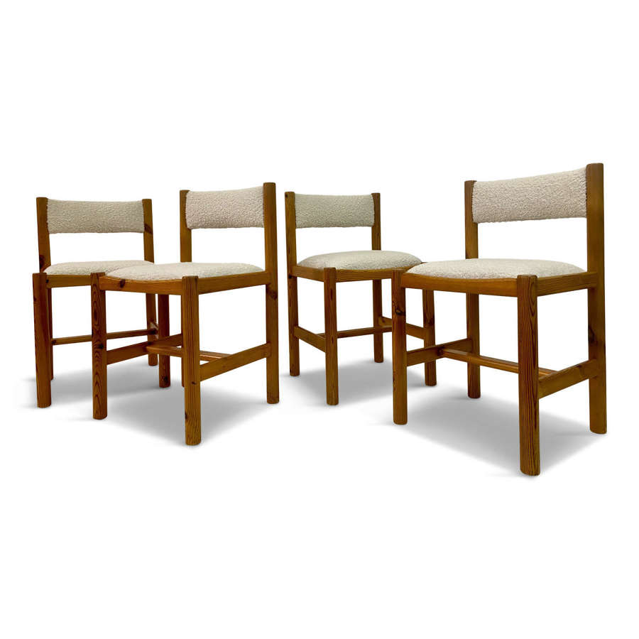 Set of Four Pine and Boucle Dining Chairs