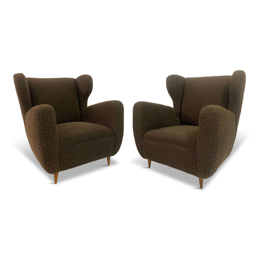 Pair of Large 1950s Italian Armchairs in Chocolate Boucle