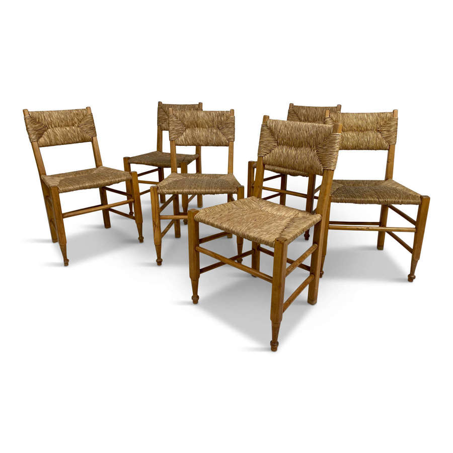 Set of Six French Dining Chairs with Rush Seats