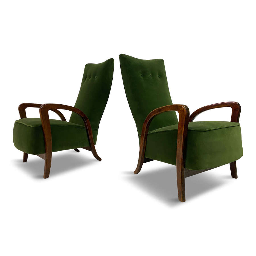 Pair of 1950s Italian Armchairs in Green Velvet
