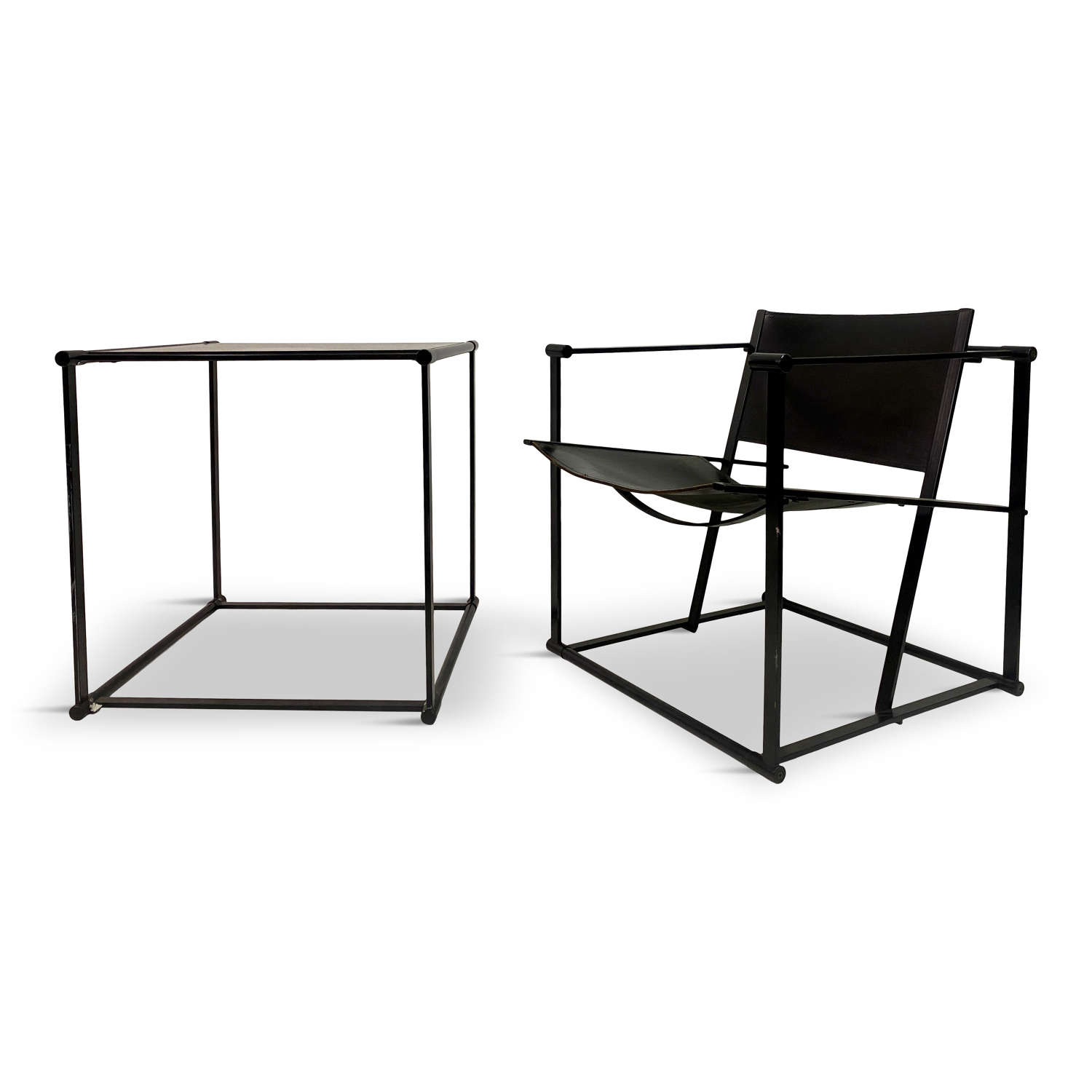 Black Leather FM62 Cube Chair and Table Radboud van Beekum for Pastoe