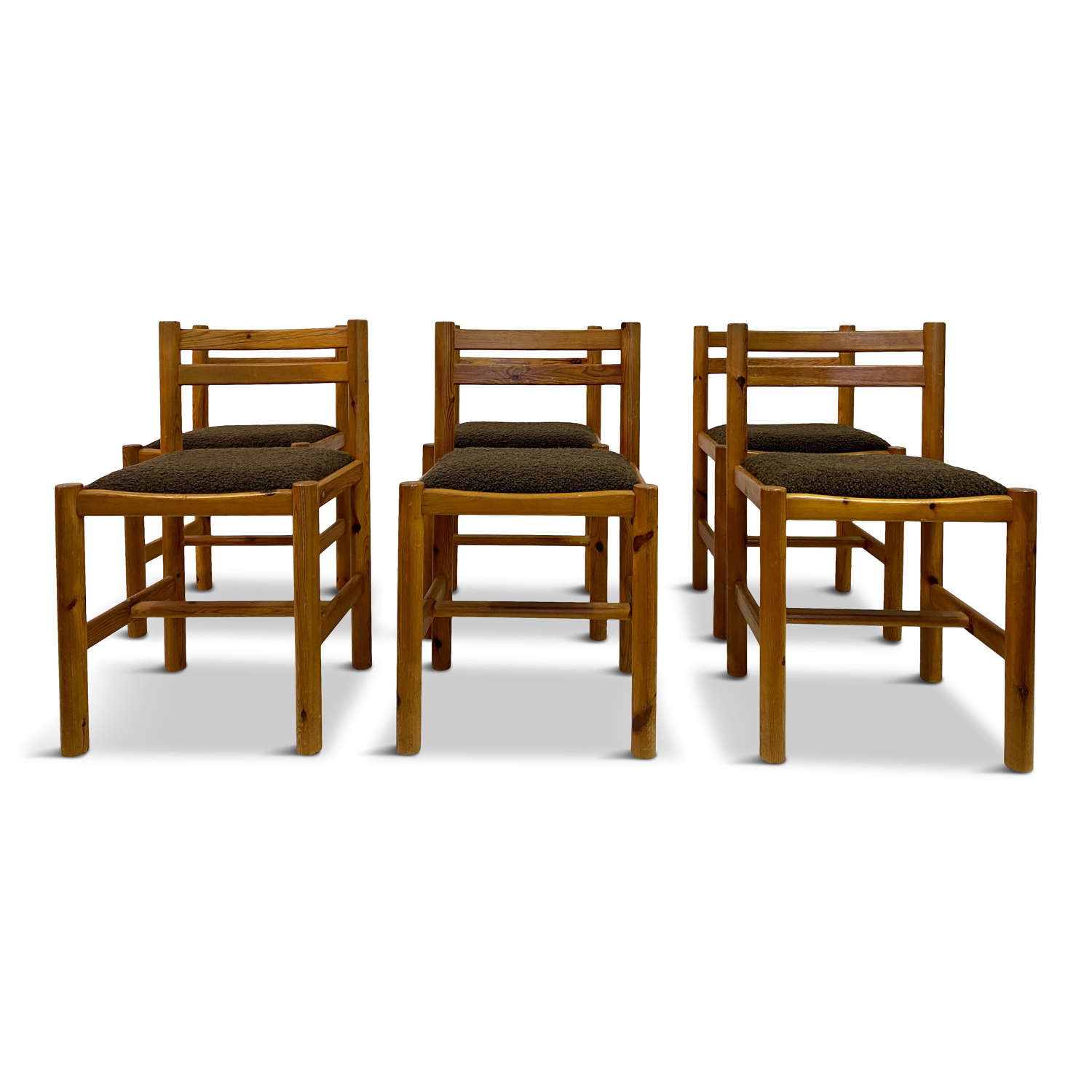 Set of Six 1970s Pine Dining Chairs in Brown Boucle