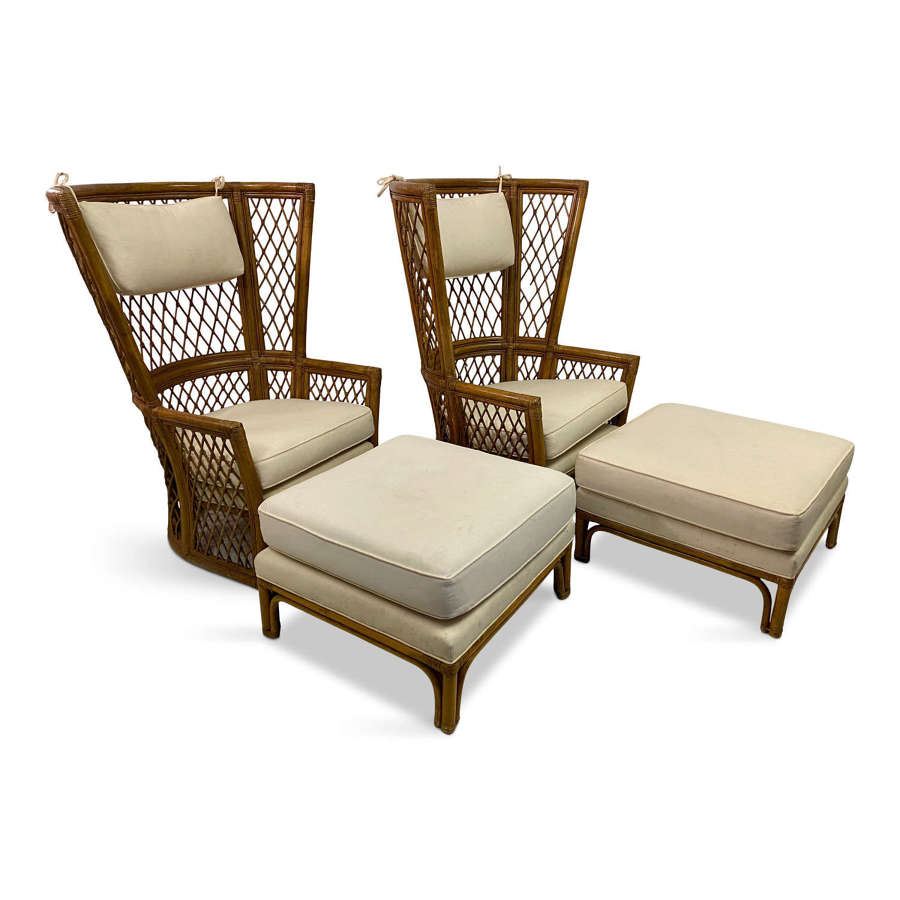 Pair of 1980s High Back Bamboo Chairs with Ottomans
