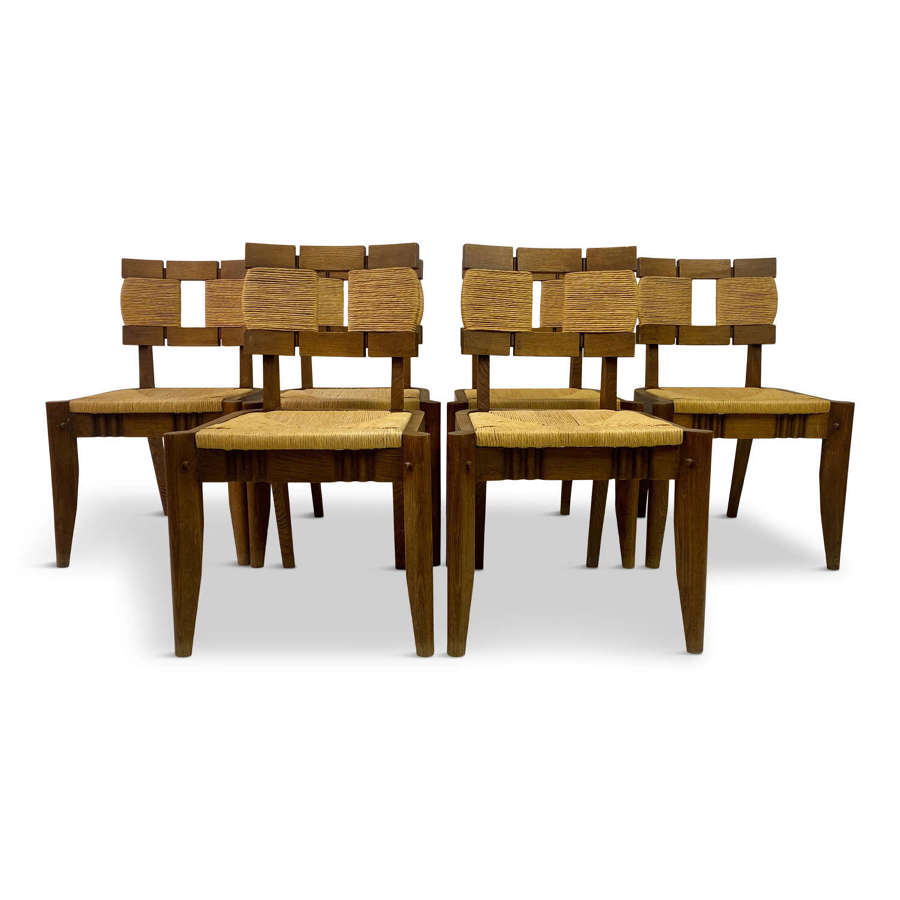 Set of Six 1950s Oak and Rush Dining Chairs