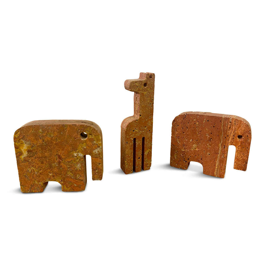 Pair of Red Travertine Elephant Bookends and a Giraffe