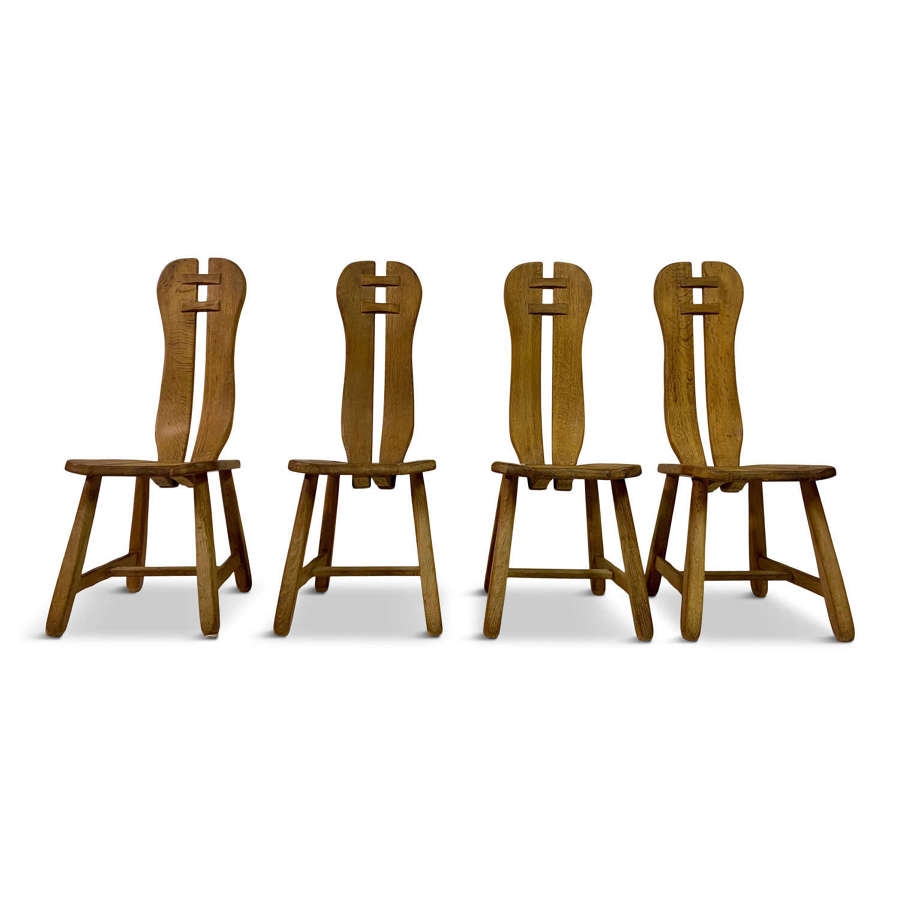 Set of Four Oak Brutalist Dining Chairs by De Puydt