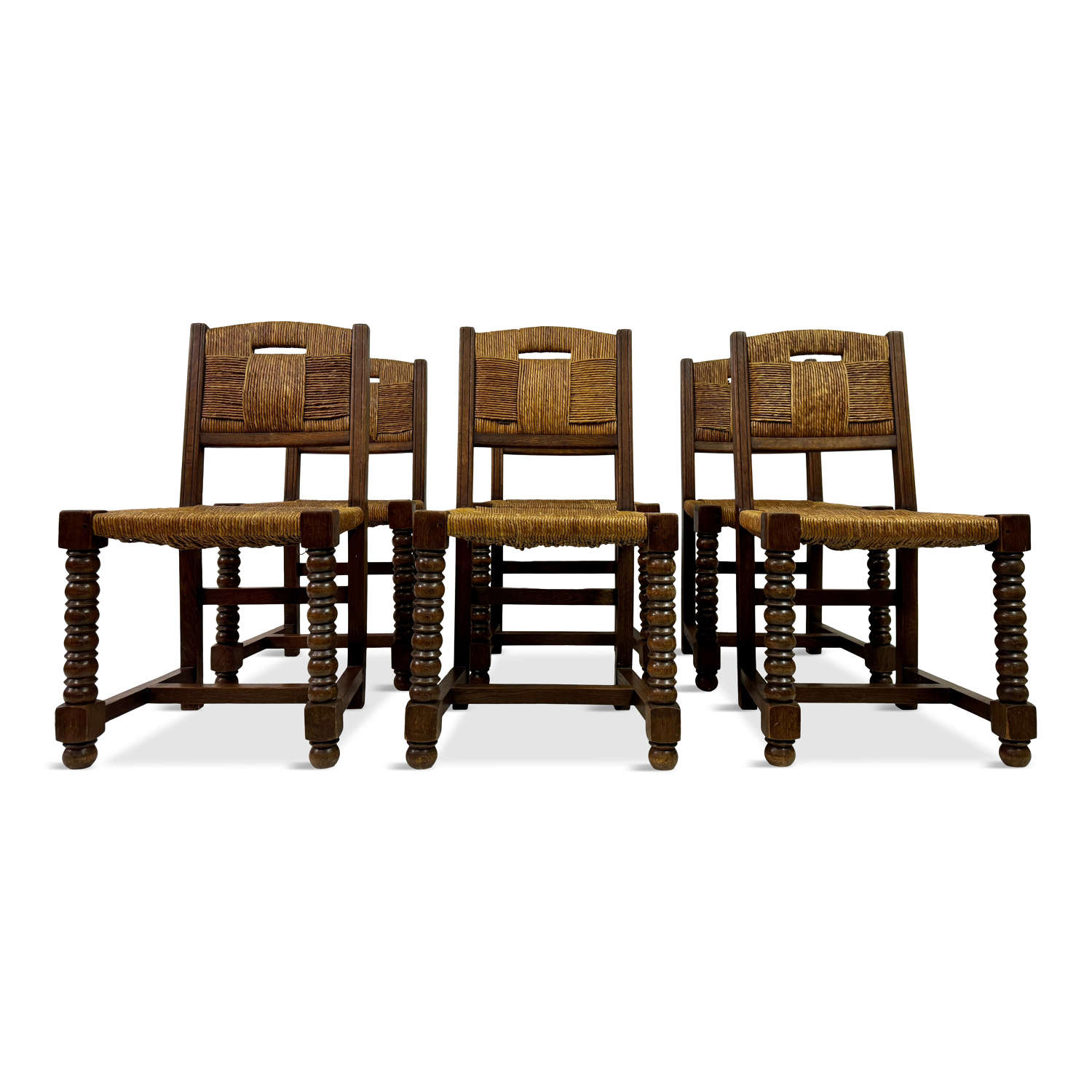 Set of Six 1940s French Oak and Rush Dining Chairs