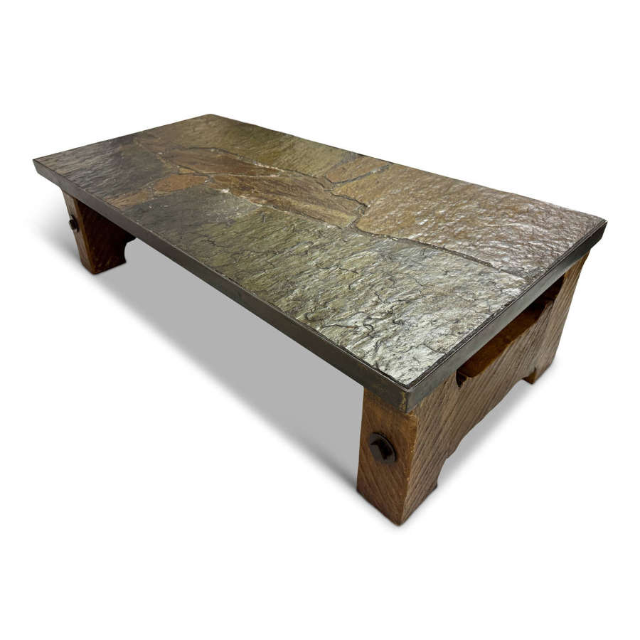 1960s Slate, Concrete and Oak Brutalist Coffee Table