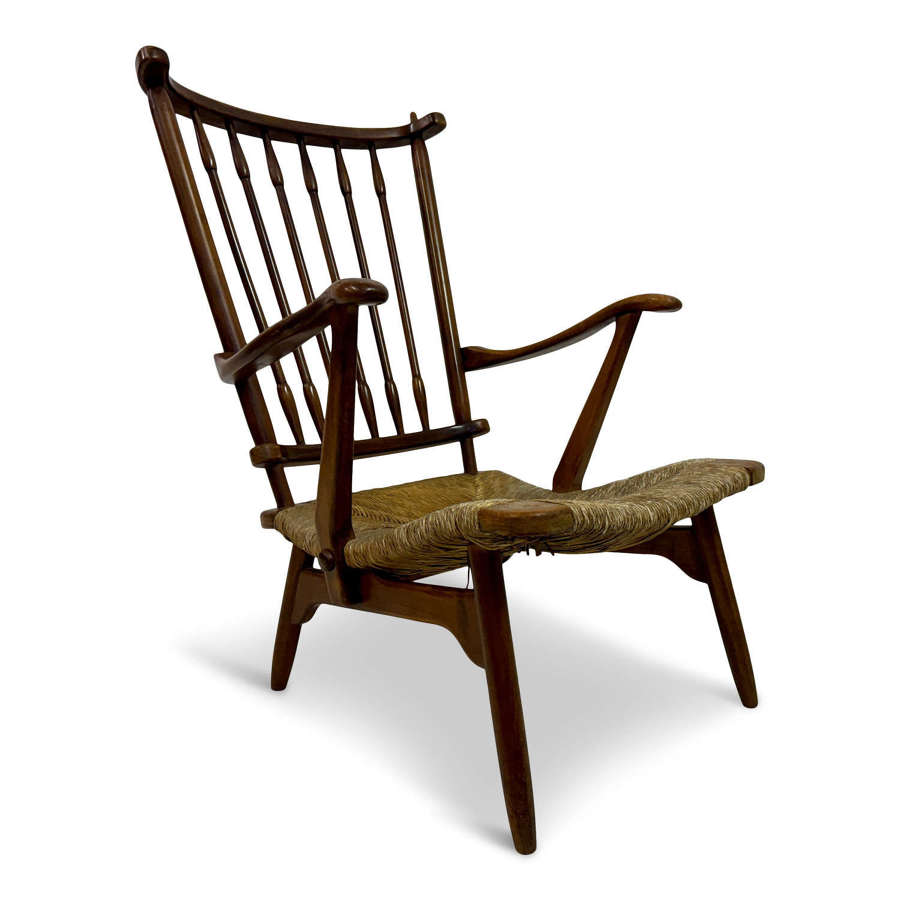 1950s Dutch Stick Back and Rush Seat by De Ster Gelderland
