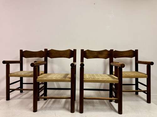 Set of Four Mid-Century Italian Armchairs with Rope Seats