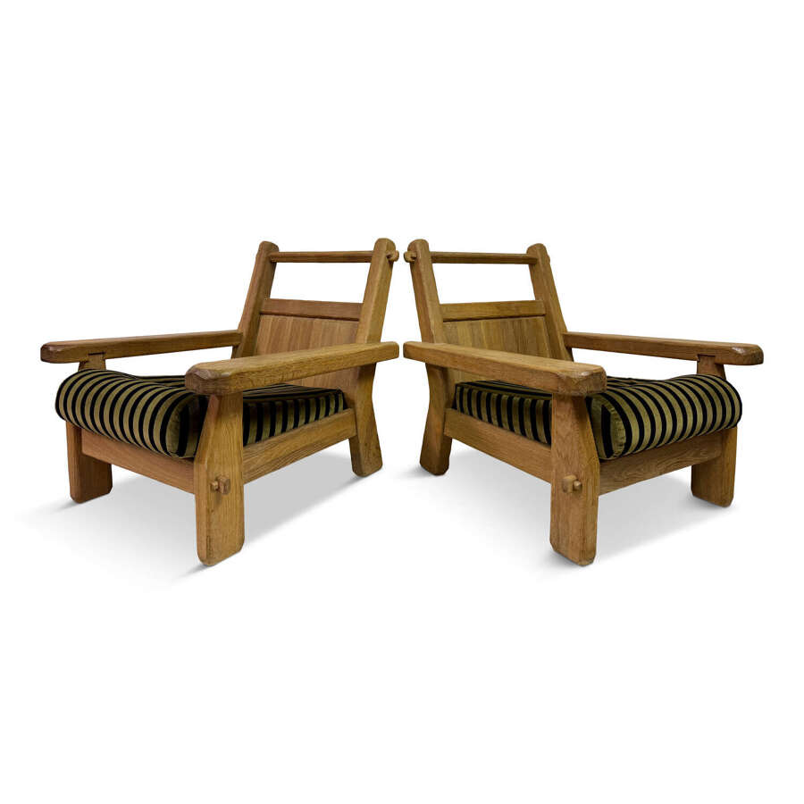 Pair of Belgian Brutalist Oak Armchairs by De Puydt