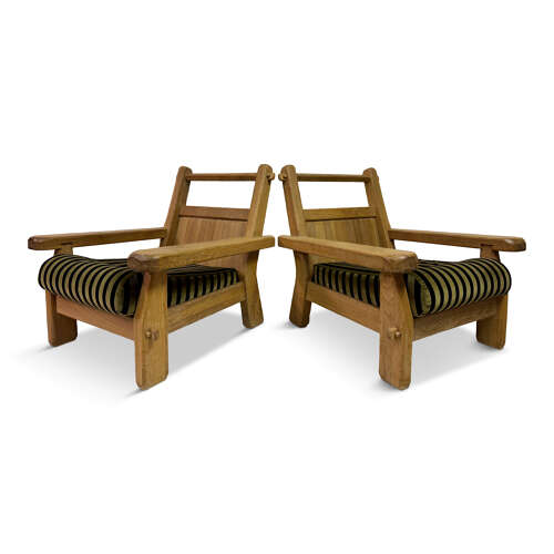 Pair of Belgian Brutalist Oak Armchairs by De Puydt