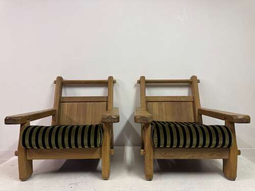 Pair of Belgian Brutalist Oak Armchairs by De Puydt