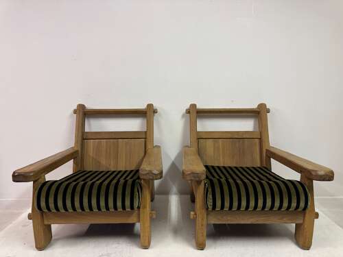 Pair of Belgian Brutalist Oak Armchairs by De Puydt
