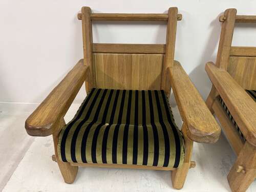 Pair of Belgian Brutalist Oak Armchairs by De Puydt