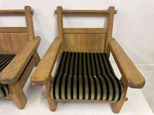 Pair of Belgian Brutalist Oak Armchairs by De Puydt