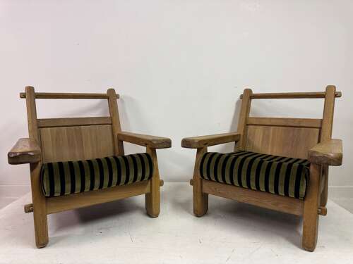Pair of Belgian Brutalist Oak Armchairs by De Puydt