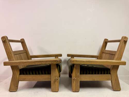 Pair of Belgian Brutalist Oak Armchairs by De Puydt