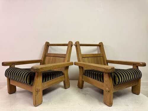 Pair of Belgian Brutalist Oak Armchairs by De Puydt
