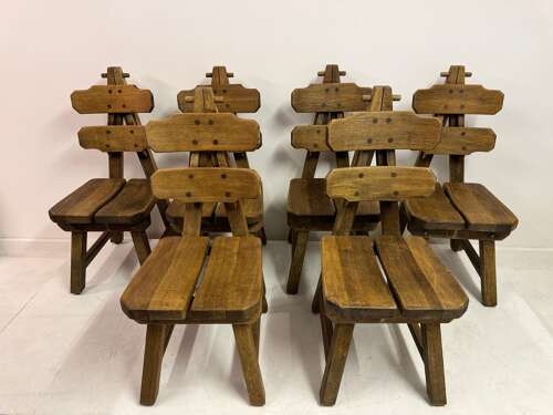 Set of Six Brutalist Dining Chairs in Oak, Low Countries, 1960s