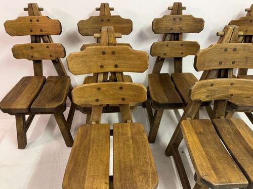 Set of Six Brutalist Dining Chairs in Oak, Low Countries, 1960s