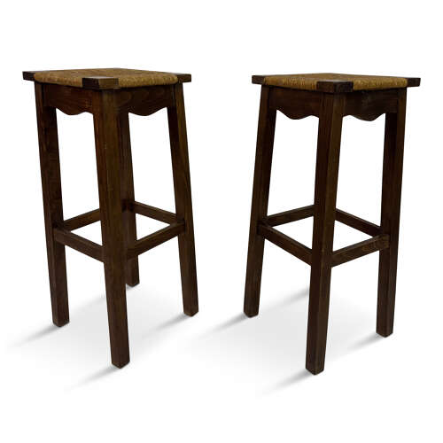 Pair of Oak and Rush Bar Stools, France, 20th Century