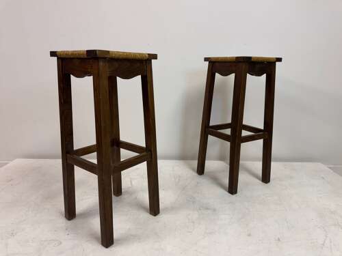 Pair of Oak and Rush Bar Stools, France, 20th Century