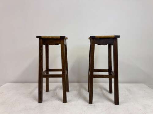 Pair of Oak and Rush Bar Stools, France, 20th Century