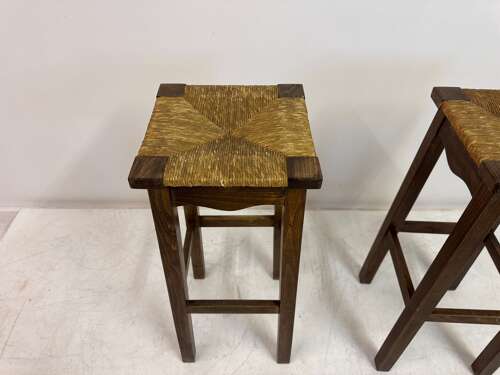 Pair of Oak and Rush Bar Stools, France, 20th Century