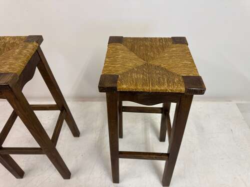 Pair of Oak and Rush Bar Stools, France, 20th Century