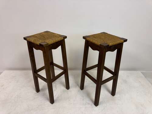 Pair of Oak and Rush Bar Stools, France, 20th Century