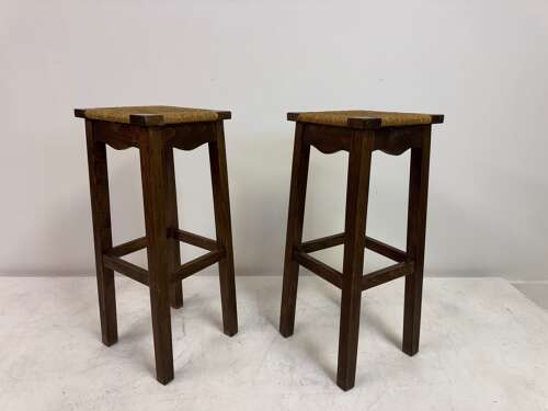 Pair of Oak and Rush Bar Stools, France, 20th Century