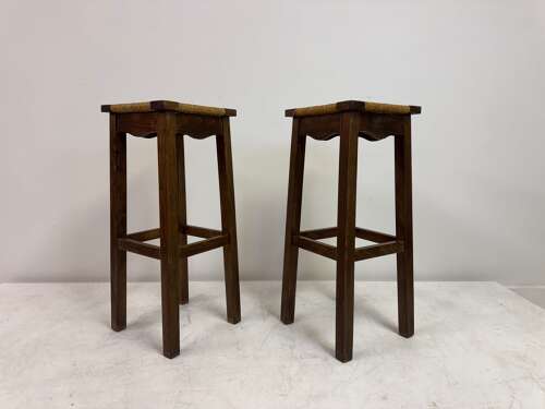 Pair of Oak and Rush Bar Stools, France, 20th Century