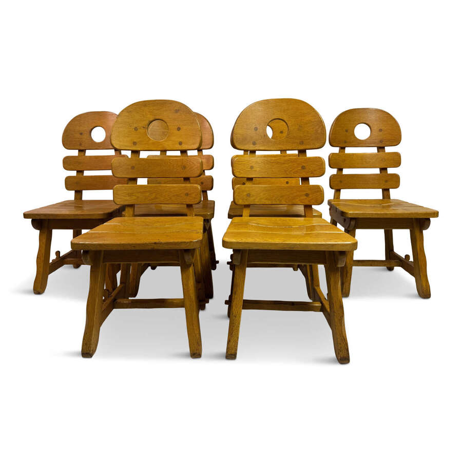 Set of Six Oak Brutalist Fish Bone Dining Chairs