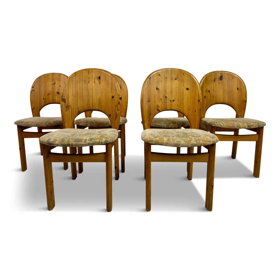 Set of Six Sculptural Danish Modern Brutalist Pine Dining Chairs
