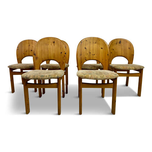 Set of Six Sculptural Danish Modern Brutalist Pine Dining Chairs