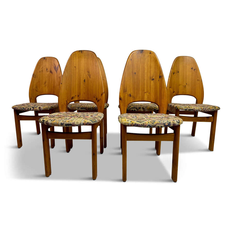 Set of Six Danish High Back Pine Dining Chairs